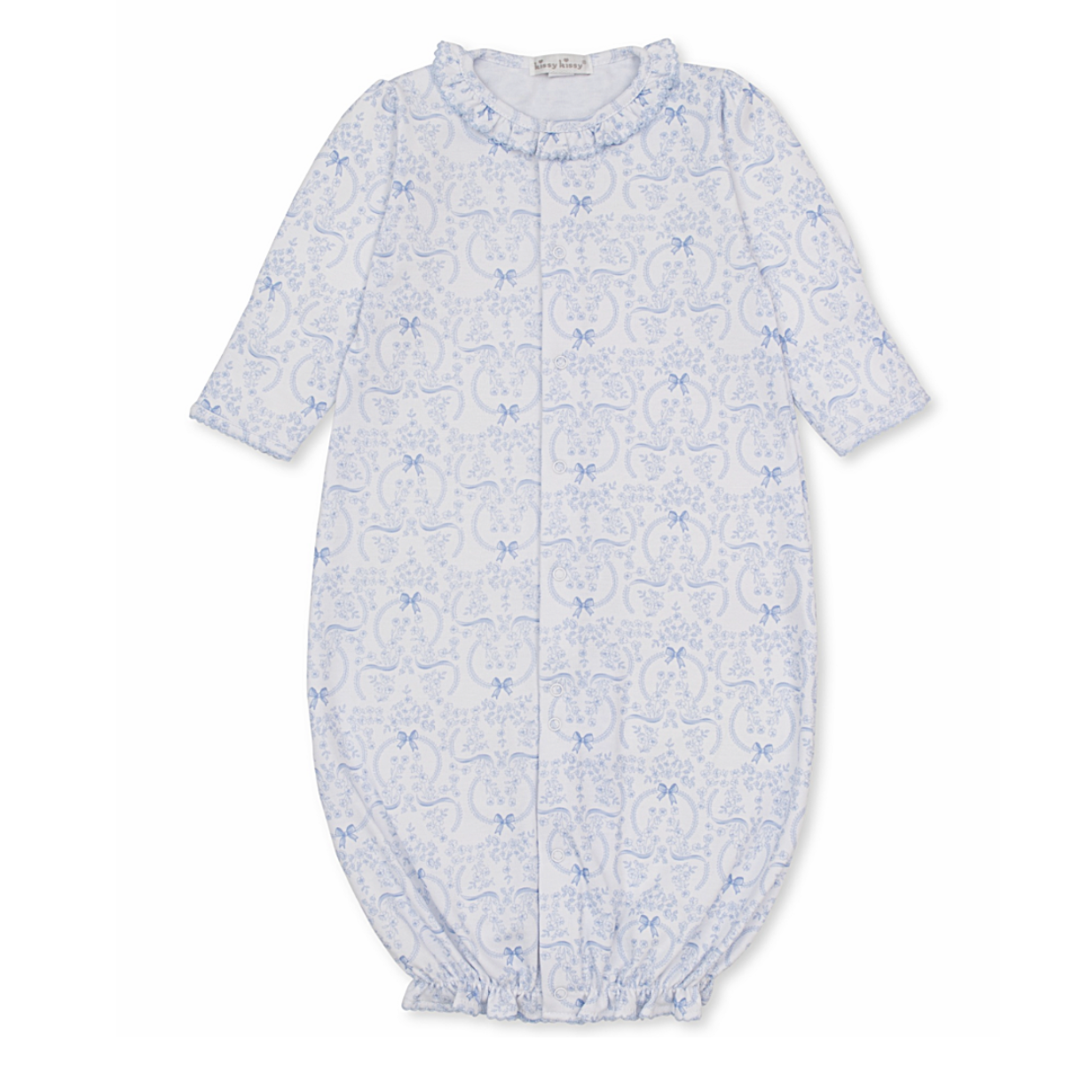 Baby girl converter gown with ruffled collar and blue coquette bows and floral pattern.