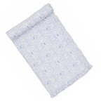 Girls baby blanket with blue coquette bows and floral pattern with ruffle trim.