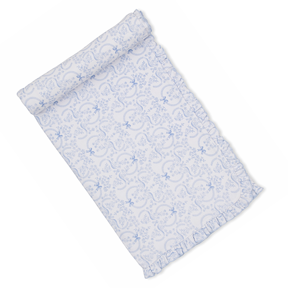 Girls baby blanket with blue coquette bows and floral pattern with ruffle trim.