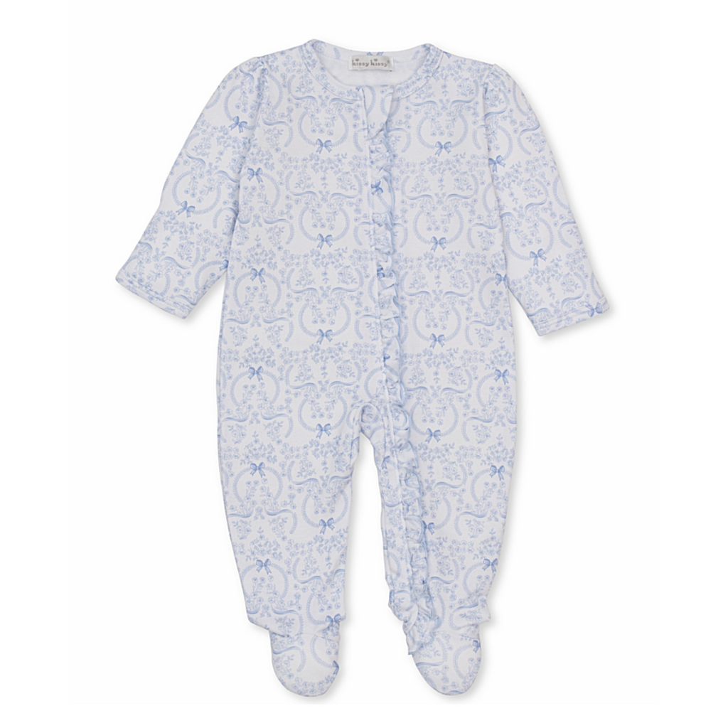 Baby girl footie with ruffle trim zip front and blue coquette bows and floral pattern.