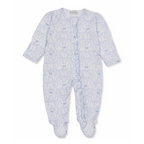 Baby girl footie with ruffle trim zip front and blue coquette bows and floral pattern.