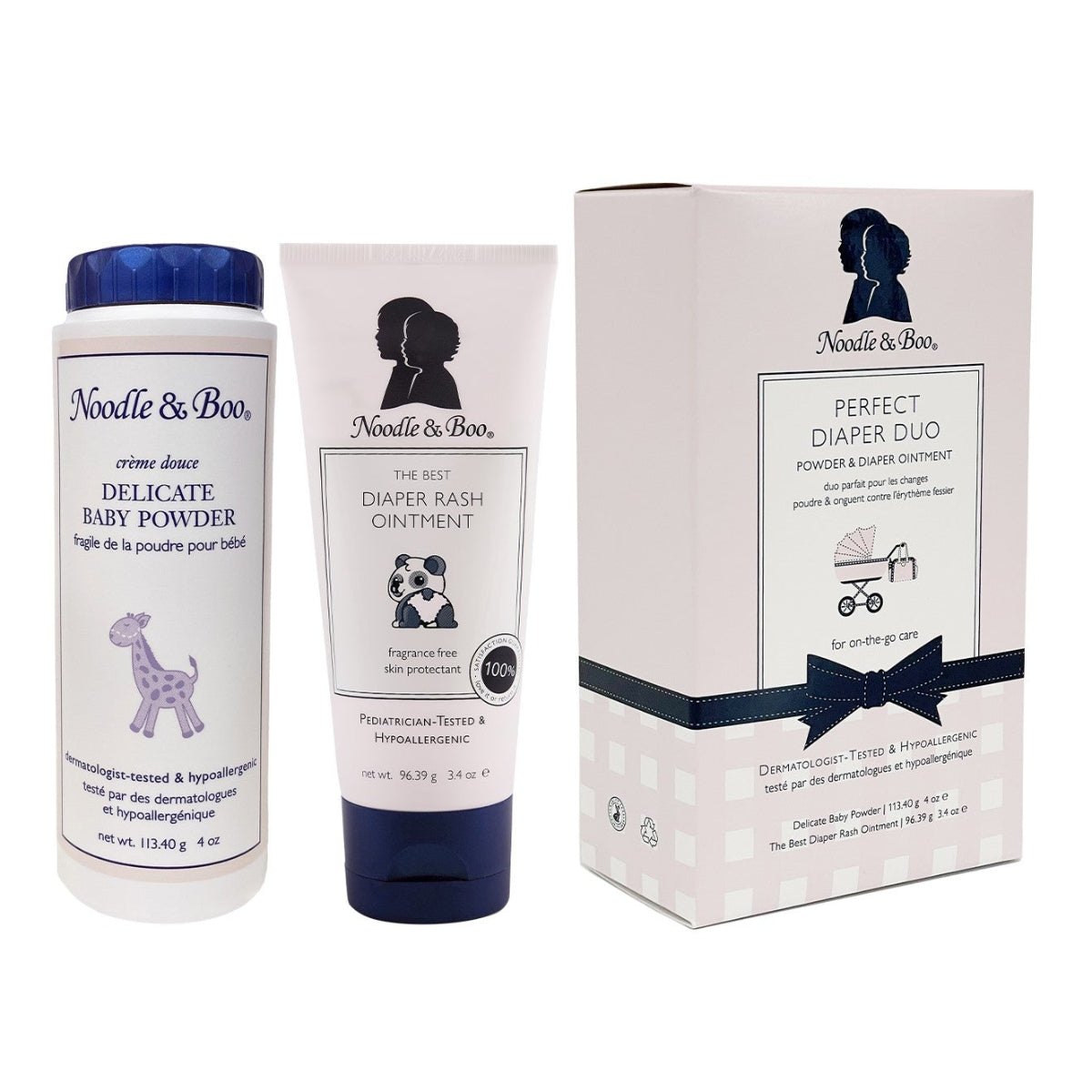 Noodle & Boo Diaper Duo set with a bottle of Baby Powder and tube of Diaper Rash Ointment.