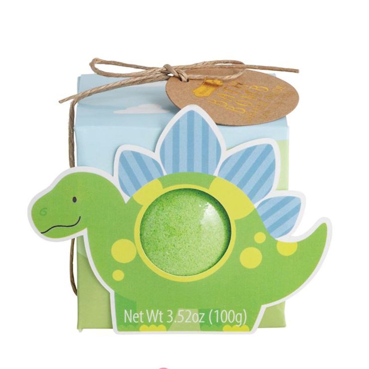 Kids green dinosaur-shaped gift box with a bath bomb in a box with a decorative tag