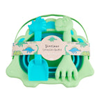 Dinosaur-themed collapsible sand bucket beach toy with shovel and rake
