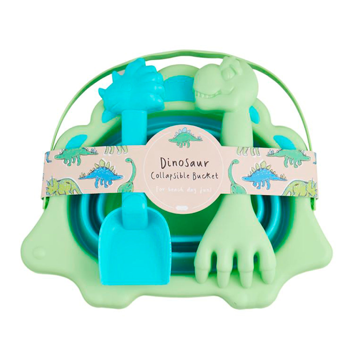 Dinosaur-themed collapsible sand bucket beach toy with shovel and rake