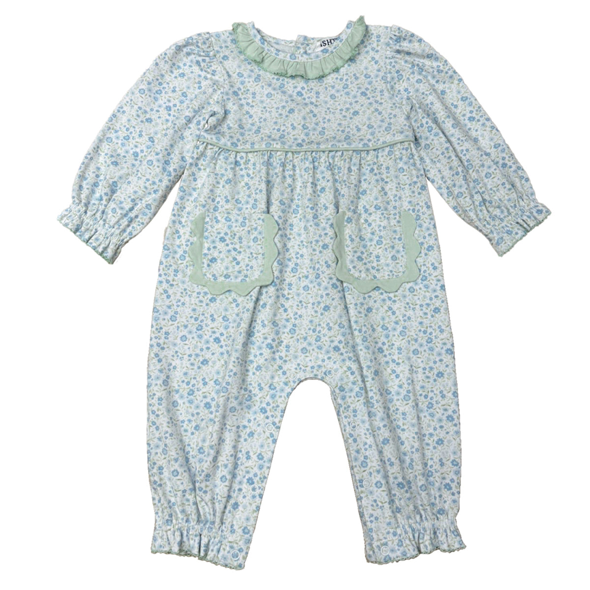 Blue and sage floral print baby girl’s long bubble romper with ruffled accents and front pockets