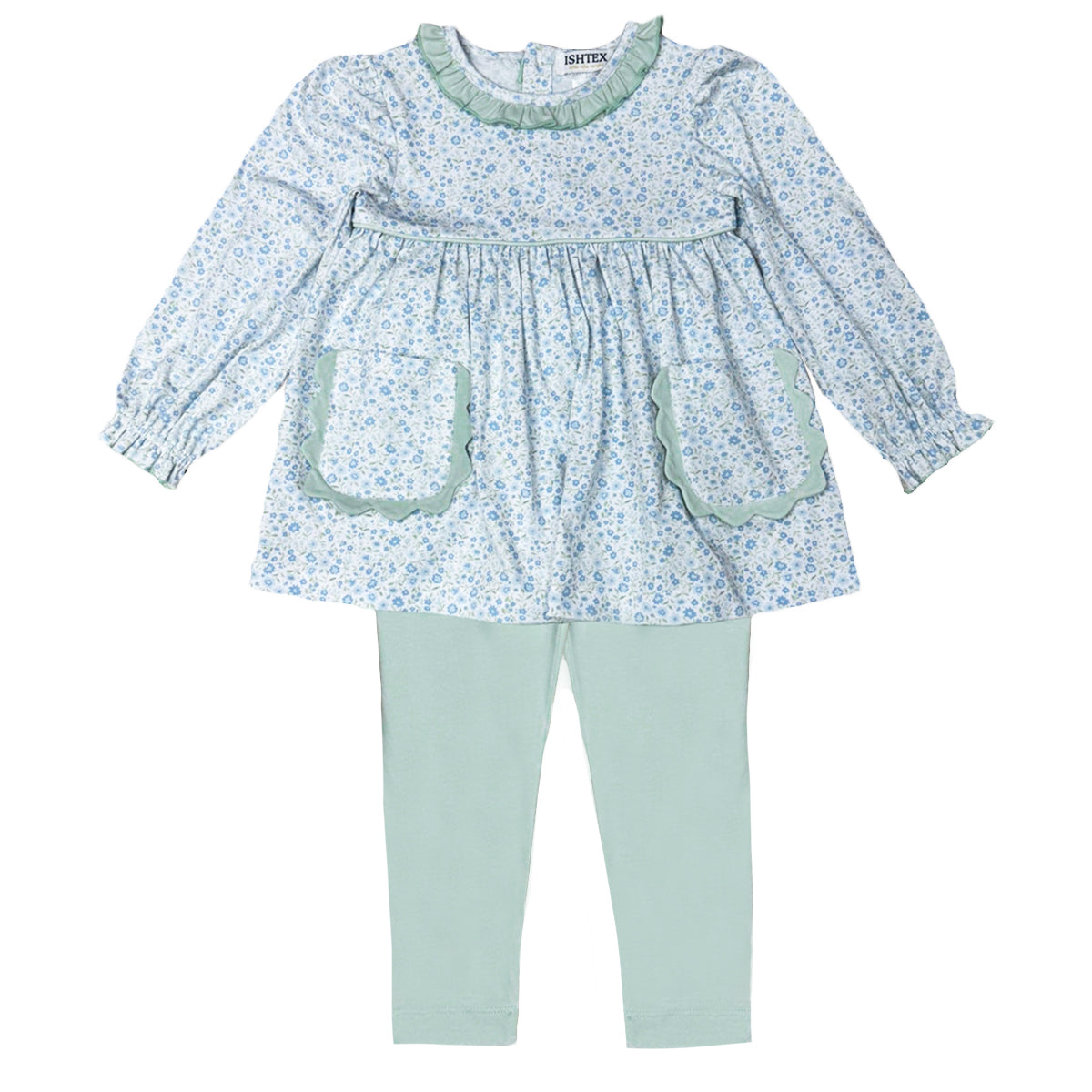 Little girl’s blue and sage green floral pants set with long sleeves, ruffles, and front pockets.