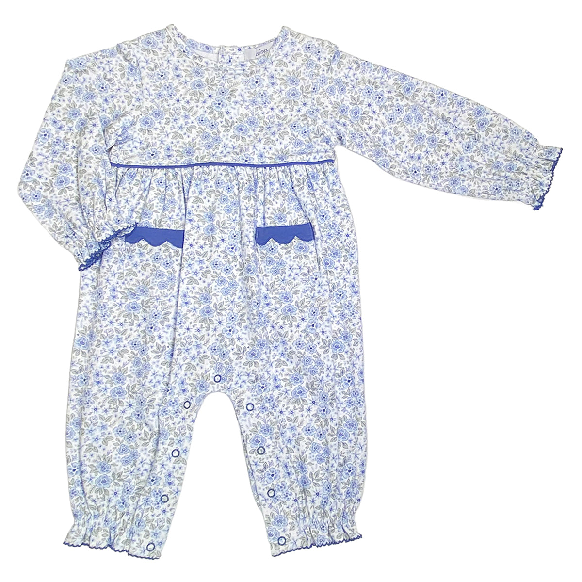 A baby girl long-sleeve bubble romper with a blue and white floral pattern, featuring scalloped blue trim and snap closures at the crotch.