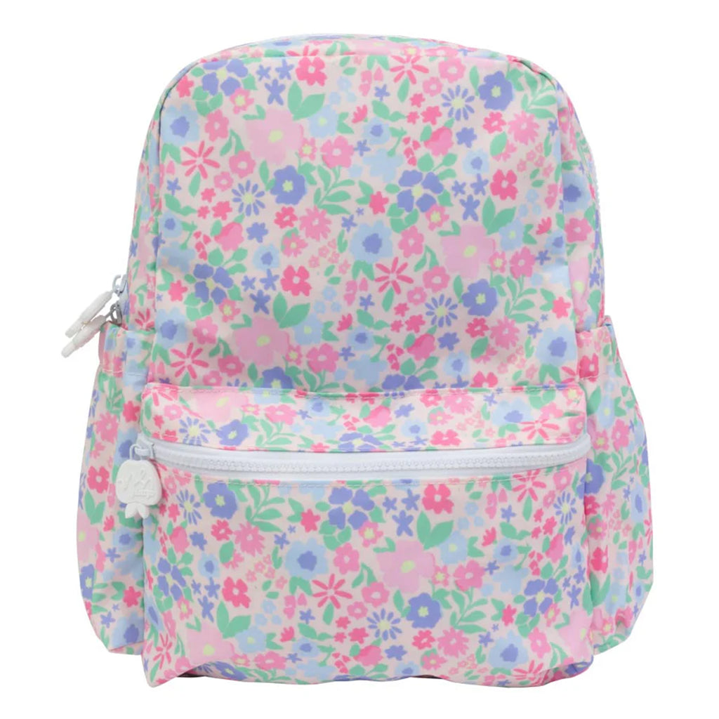 Pink, blue and lavender floral ditsy pattern backpack.