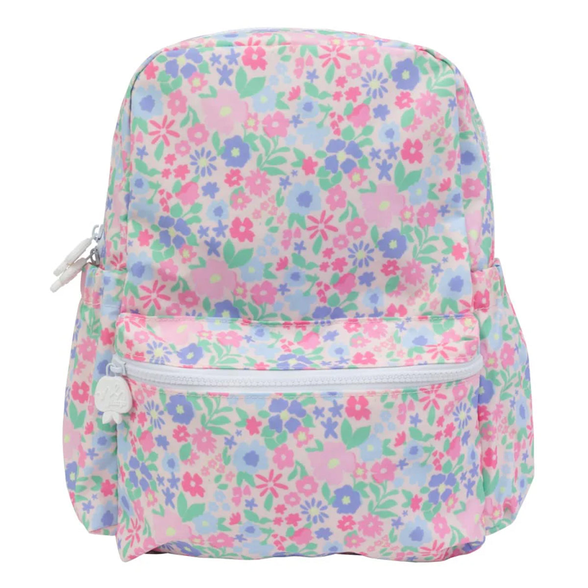 Pink, blue and lavender floral ditsy pattern backpack.