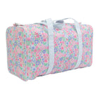 Pink, blue, and lavender floral duffel bag with blue and white stripe straps.