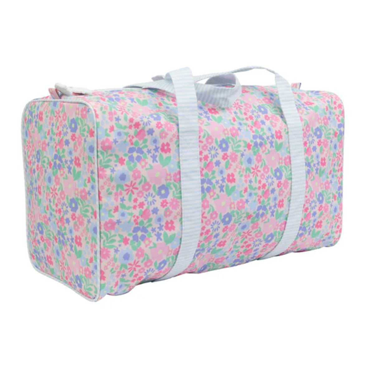 Pink, blue, and lavender floral duffel bag with blue and white stripe straps.