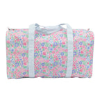 Pink, blue, and lavender floral duffel bag with blue and white stripe straps.