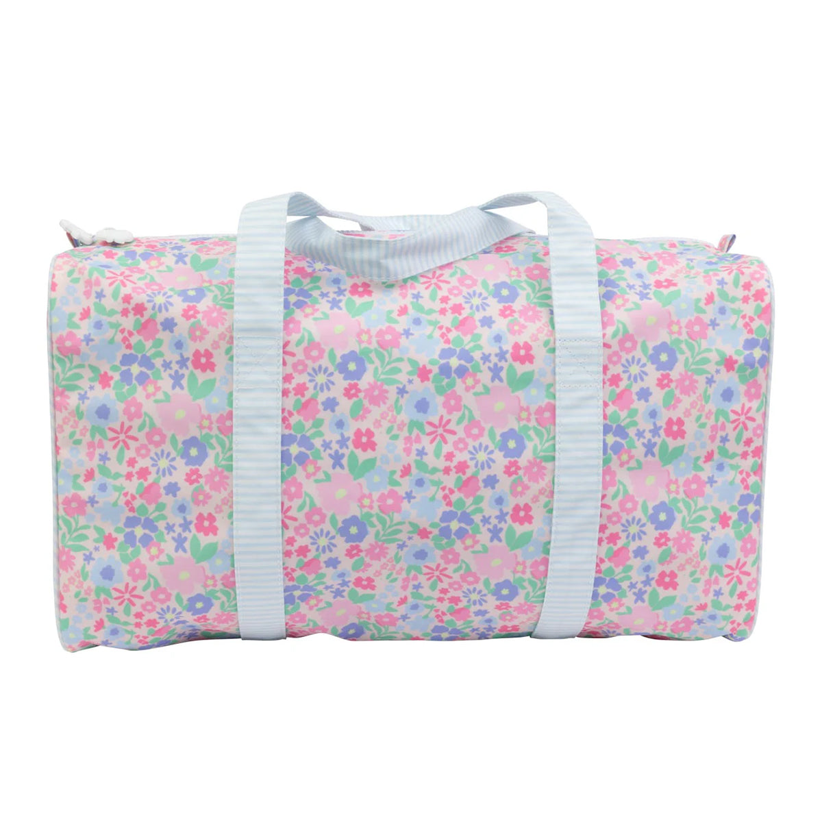 Pink, blue, and lavender floral duffel bag with blue and white stripe straps.