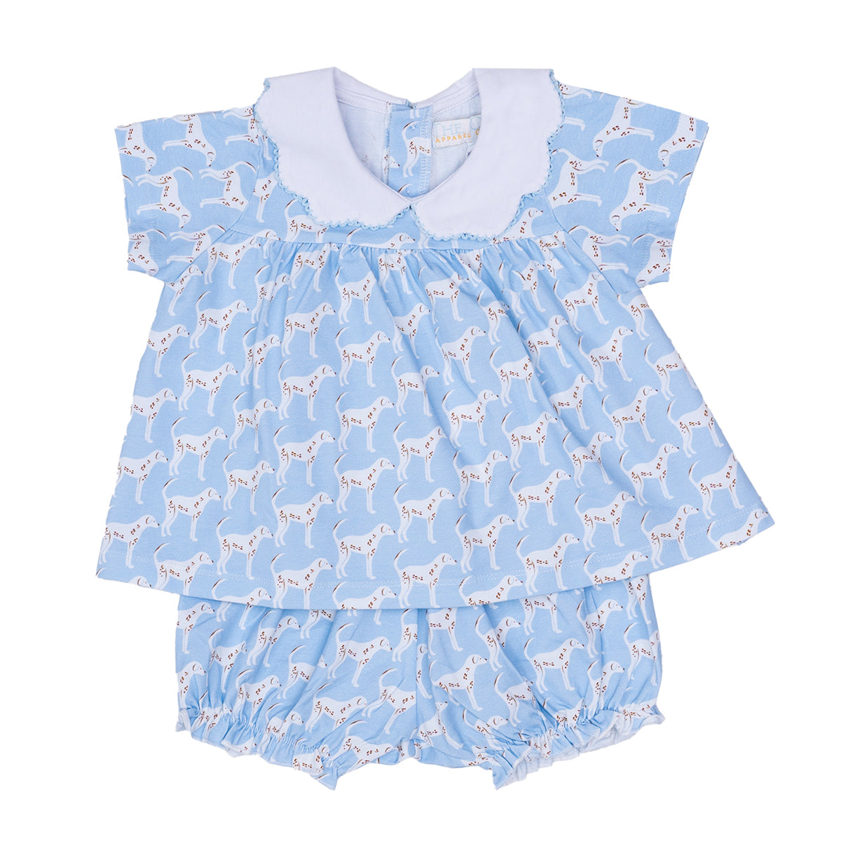 Girls blue knit top and bloomers with white dog print
