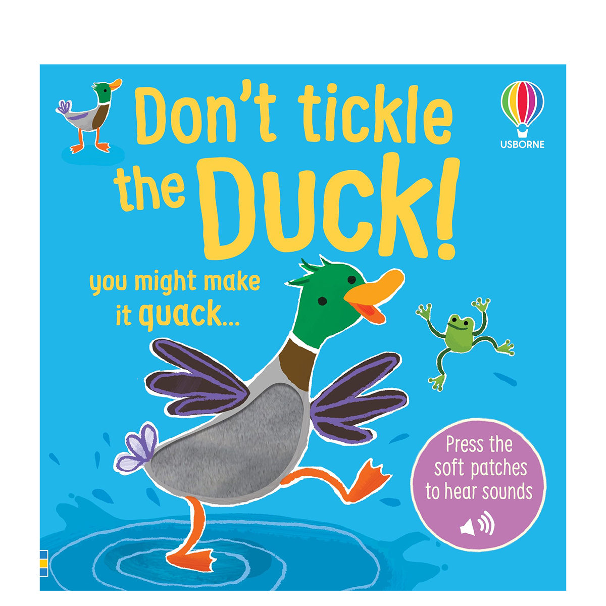 Don't Tickle the Duck!' interactive board book with a duck illustration on a blue background.