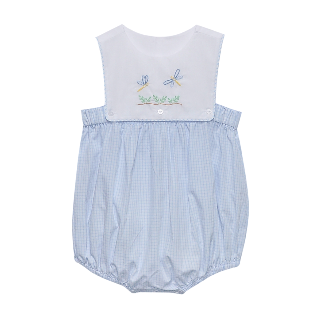 Blue windowpane check baby boy sunsuit with a white bib featuring hand embroidered greenery and dragonflies.