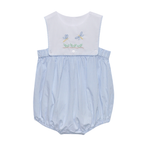 Blue windowpane check baby boy sunsuit with a white bib featuring hand embroidered greenery and dragonflies.