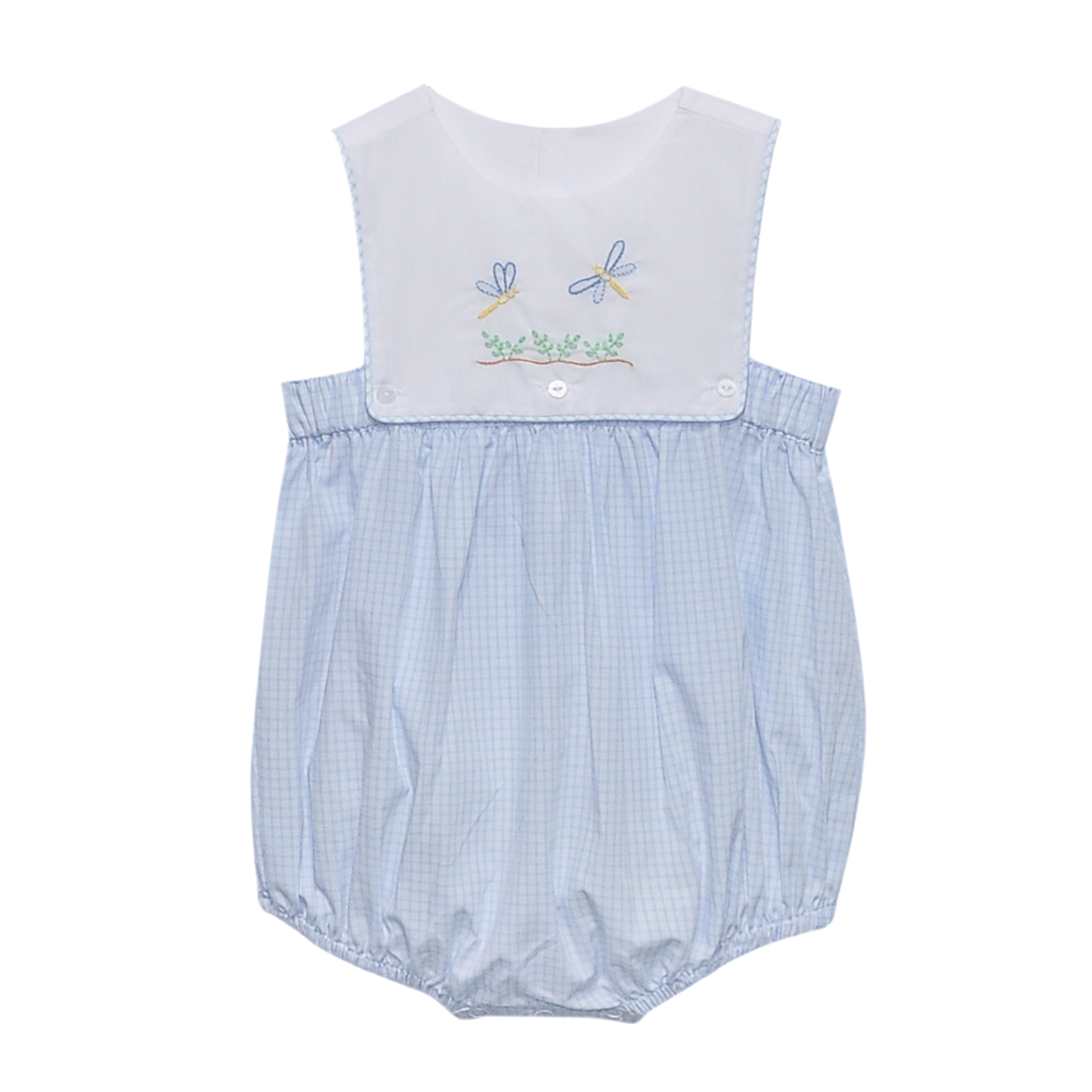 Blue windowpane check baby boy sunsuit with a white bib featuring hand embroidered greenery and dragonflies.