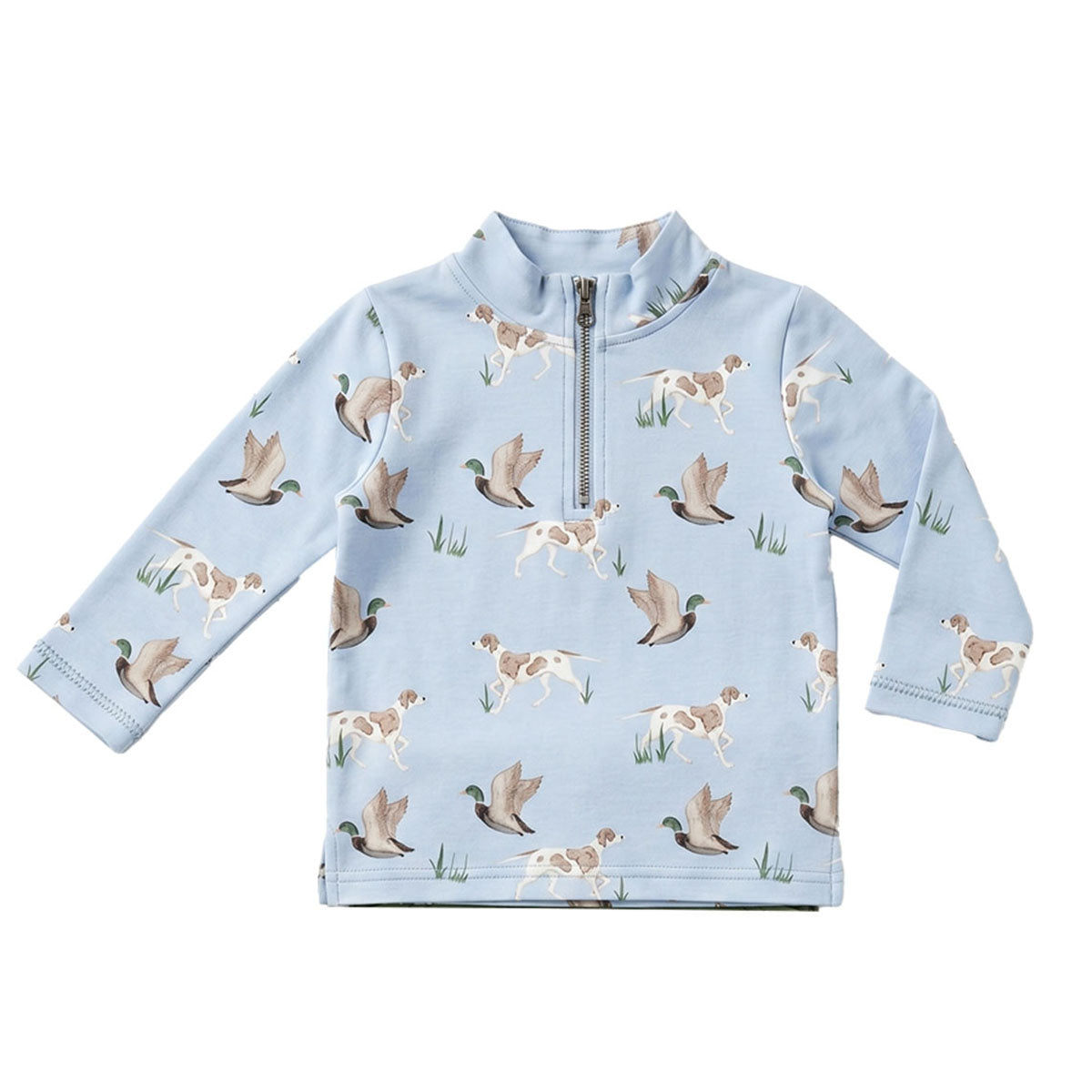 A light blue long-sleeve quarter-zip pullover for toddlers, featuring an all-over print of ducks and dogs in earthy brown, beige, and white tones.
