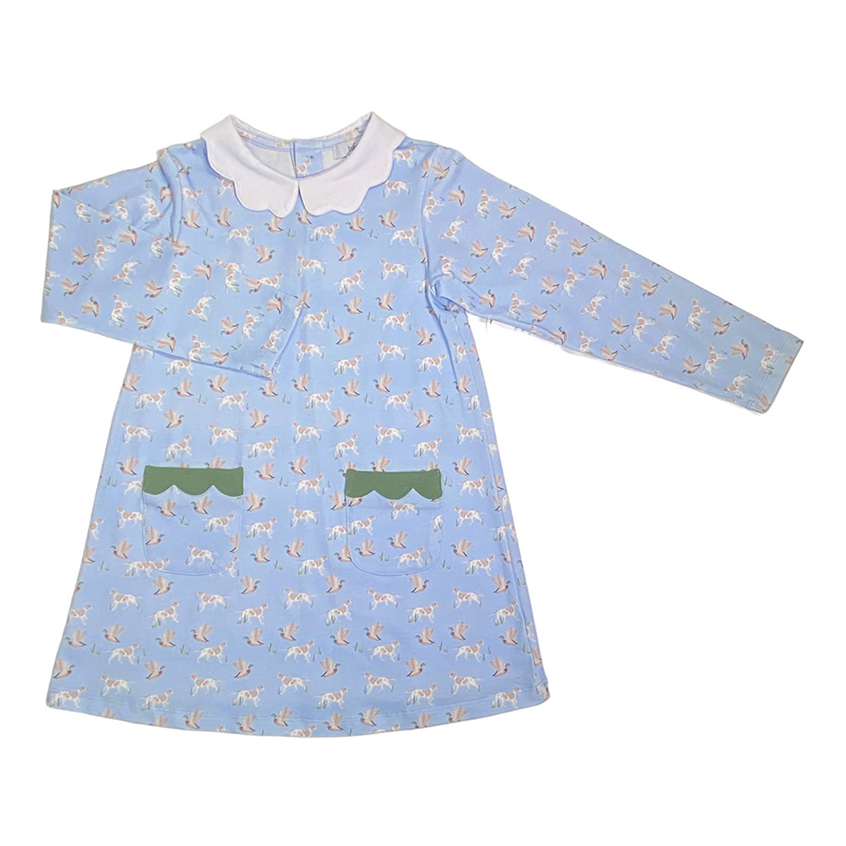 A light blue long-sleeve girls dress with an all-over duck hunting print, featuring a white scalloped Peter Pan collar and green scalloped details on the front pockets.