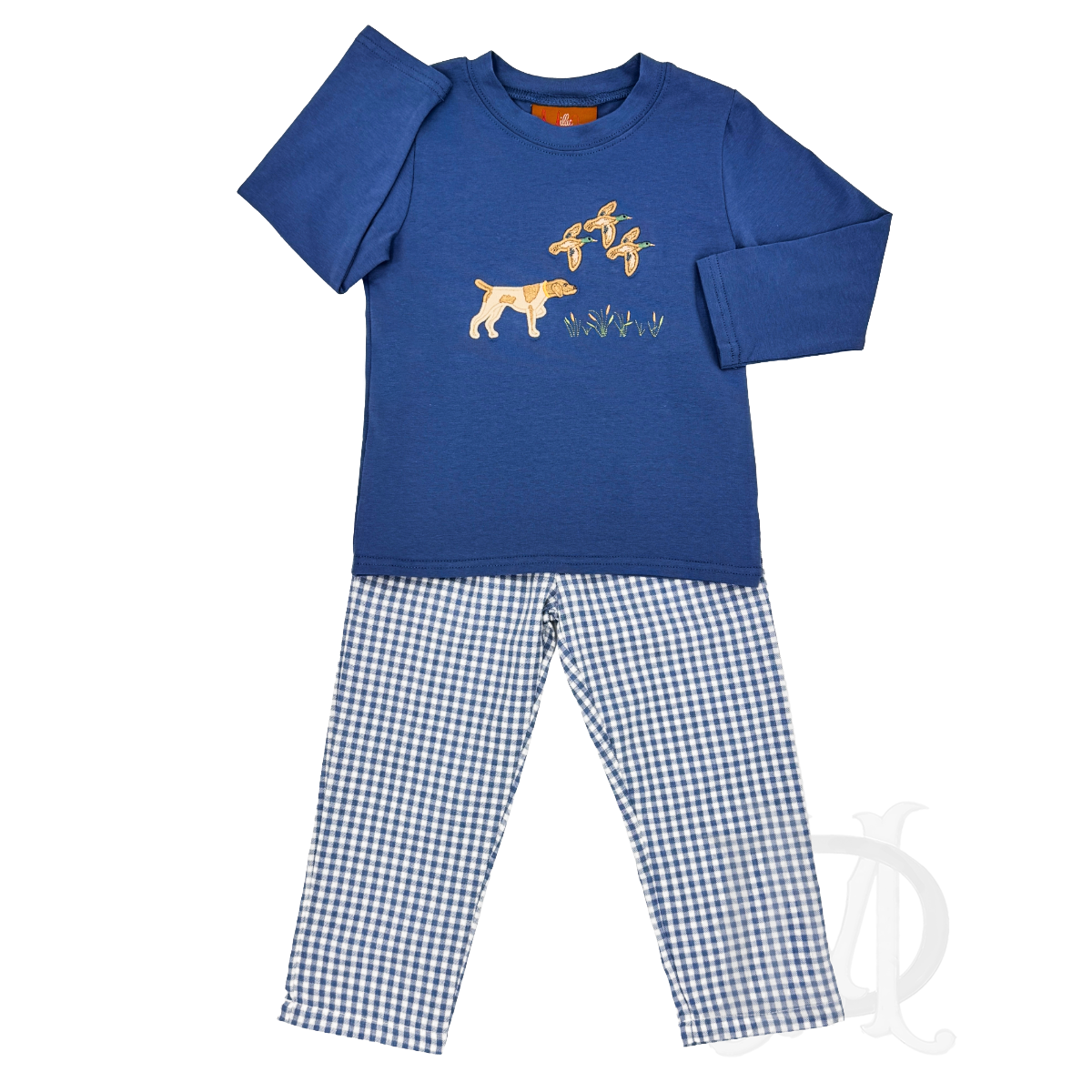 A two-piece little boy's pants set featuring a hunting dog and ducks embroidered on the chest paired with blue and white gingham check pants.