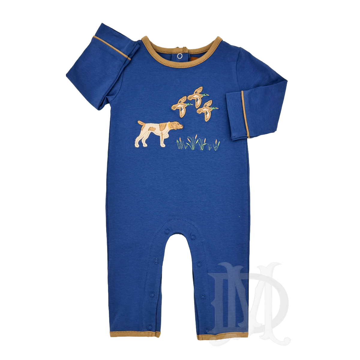 A baby boy's blue long-sleeve knit romper with tan trim and a hunting dog and ducks embroidered on the chest.