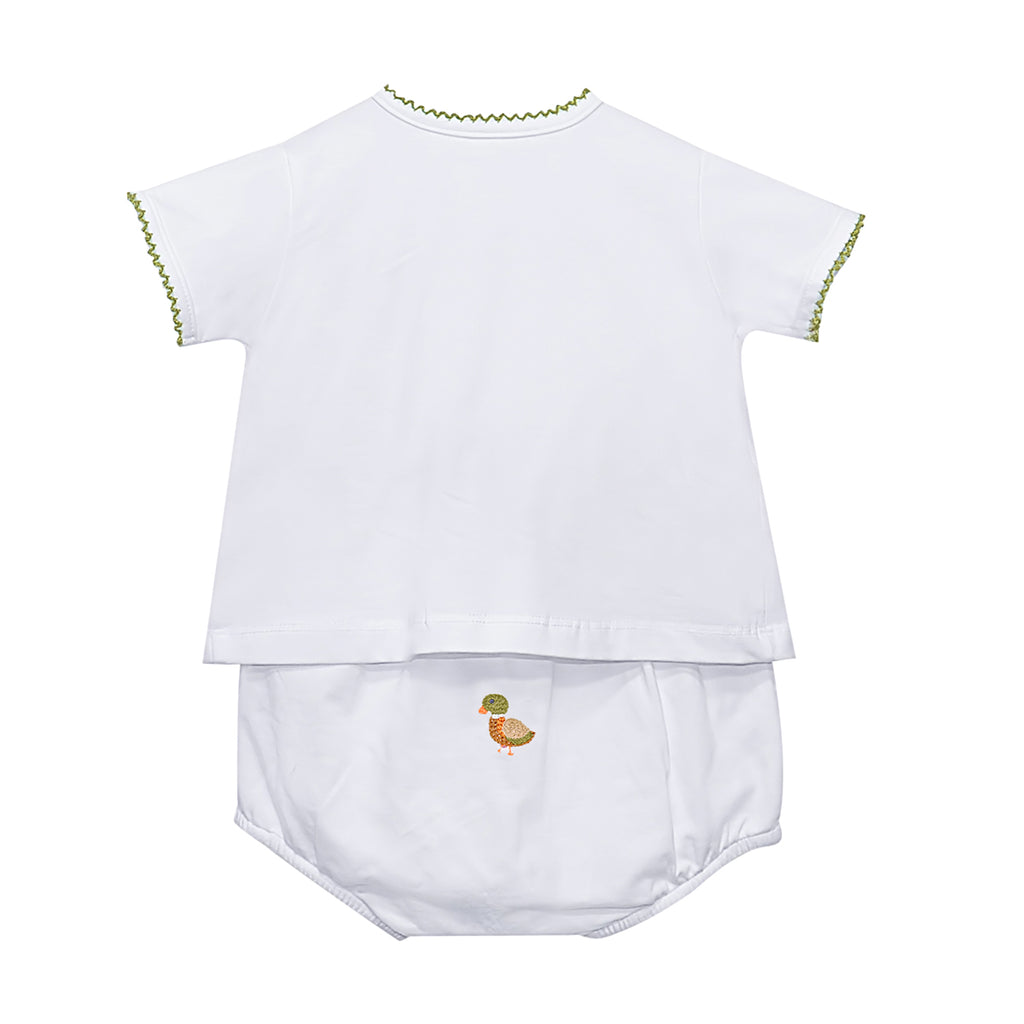 Back view of a white baby two-piece diaper set consisting of a short-sleeve button-front top with green trim and embroidered duck motifs, paired with matching white bloomers.