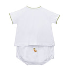 Back view of a white baby two-piece diaper set consisting of a short-sleeve button-front top with green trim and embroidered duck motifs, paired with matching white bloomers.