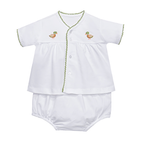 A white baby two-piece diaper set consisting of a short-sleeve button-front top with green trim and embroidered duck motifs, paired with matching white bloomers.