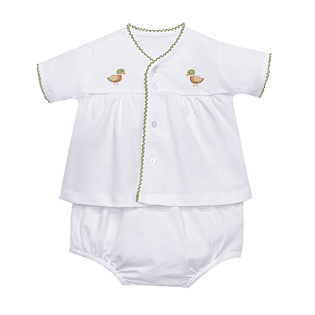 A white baby two-piece diaper set consisting of a short-sleeve button-front top with green trim and embroidered duck motifs, paired with matching white bloomers.