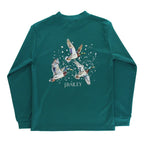 Teal long sleeve performance shirt with duck design and J.Bailey branding