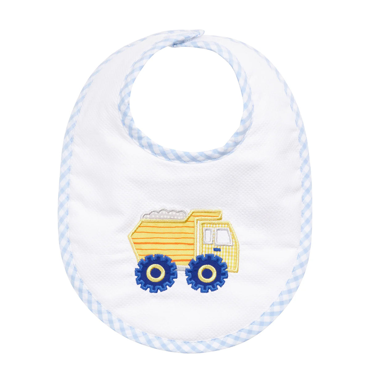 White piquet baby bib with a yellow dump truck applique design and light blue gingham seersucker trim.