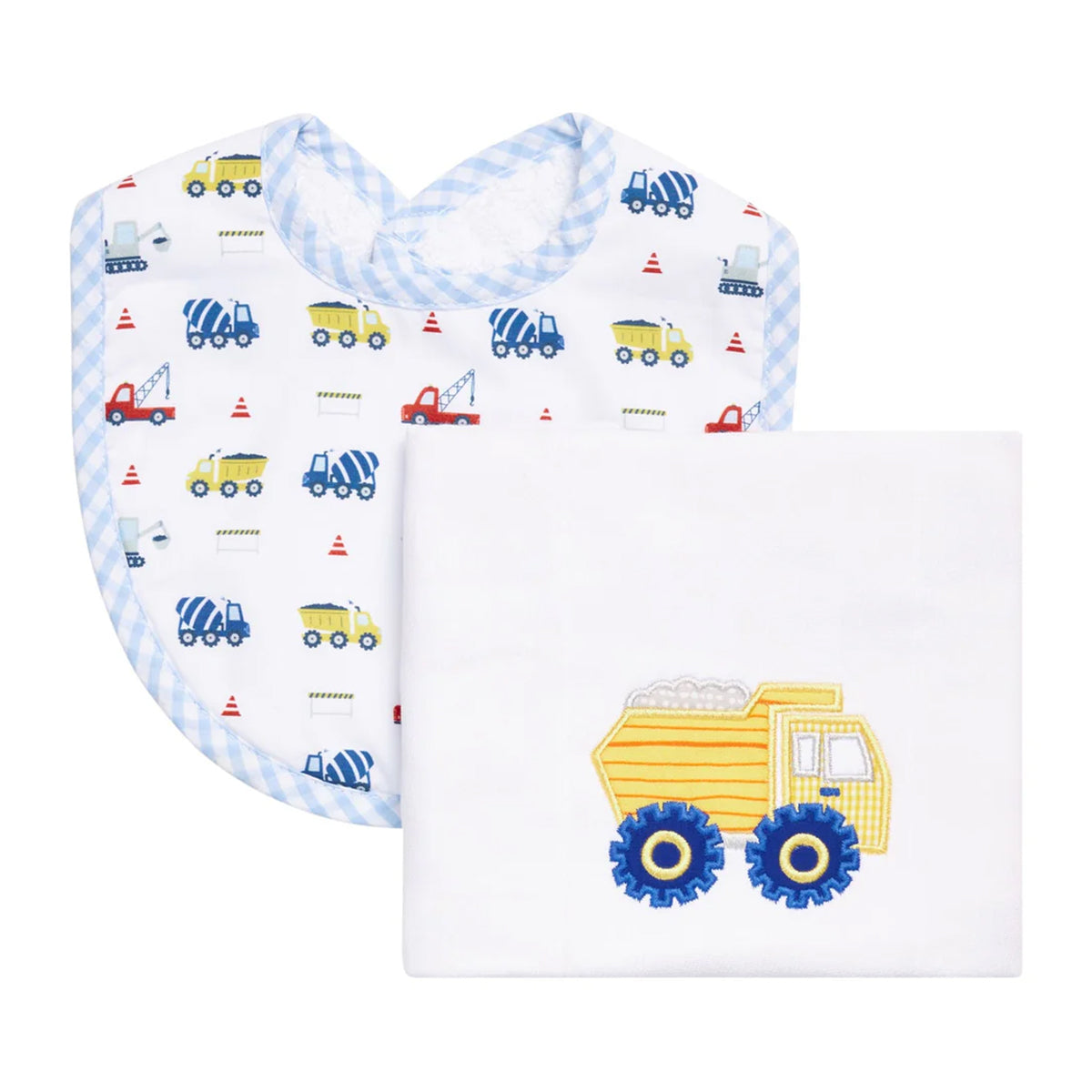 Baby bib and burp cloth set with construction vehicle pattern  and dump truck applique