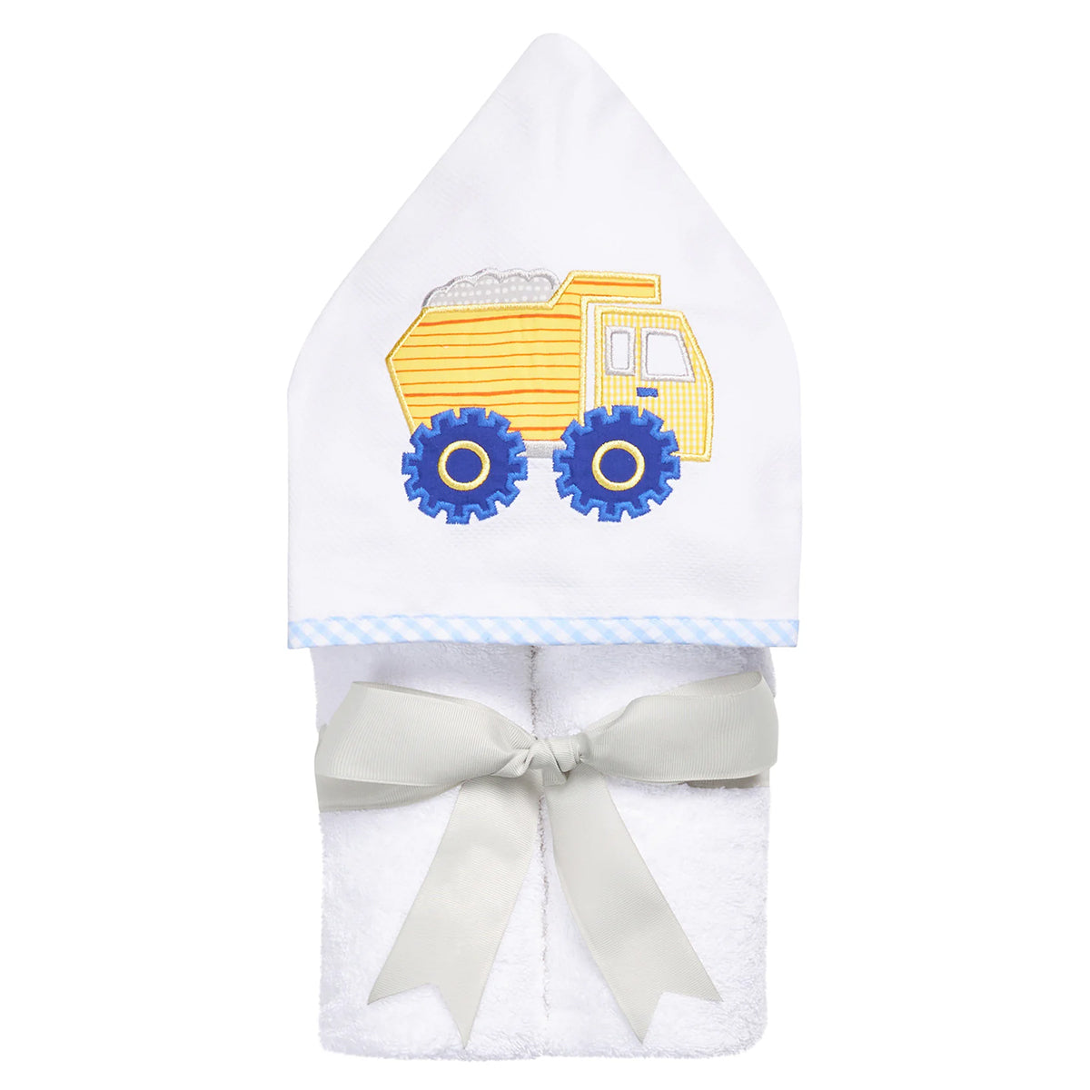 White piquet hooded towel with dump truck applique design tied with a grosgrain ribbon