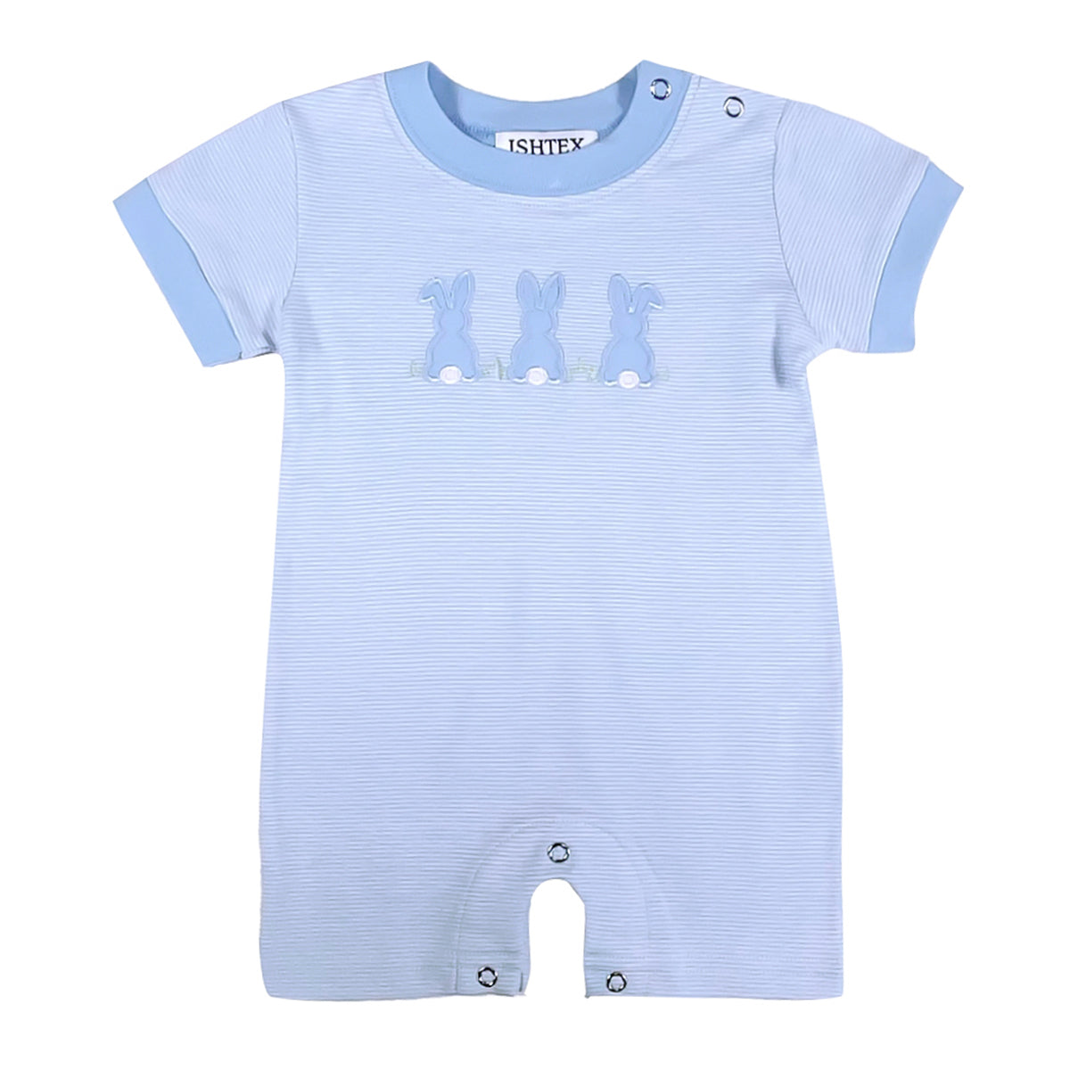 Blue striped baby boy knit romper with an appliqued bunnies design