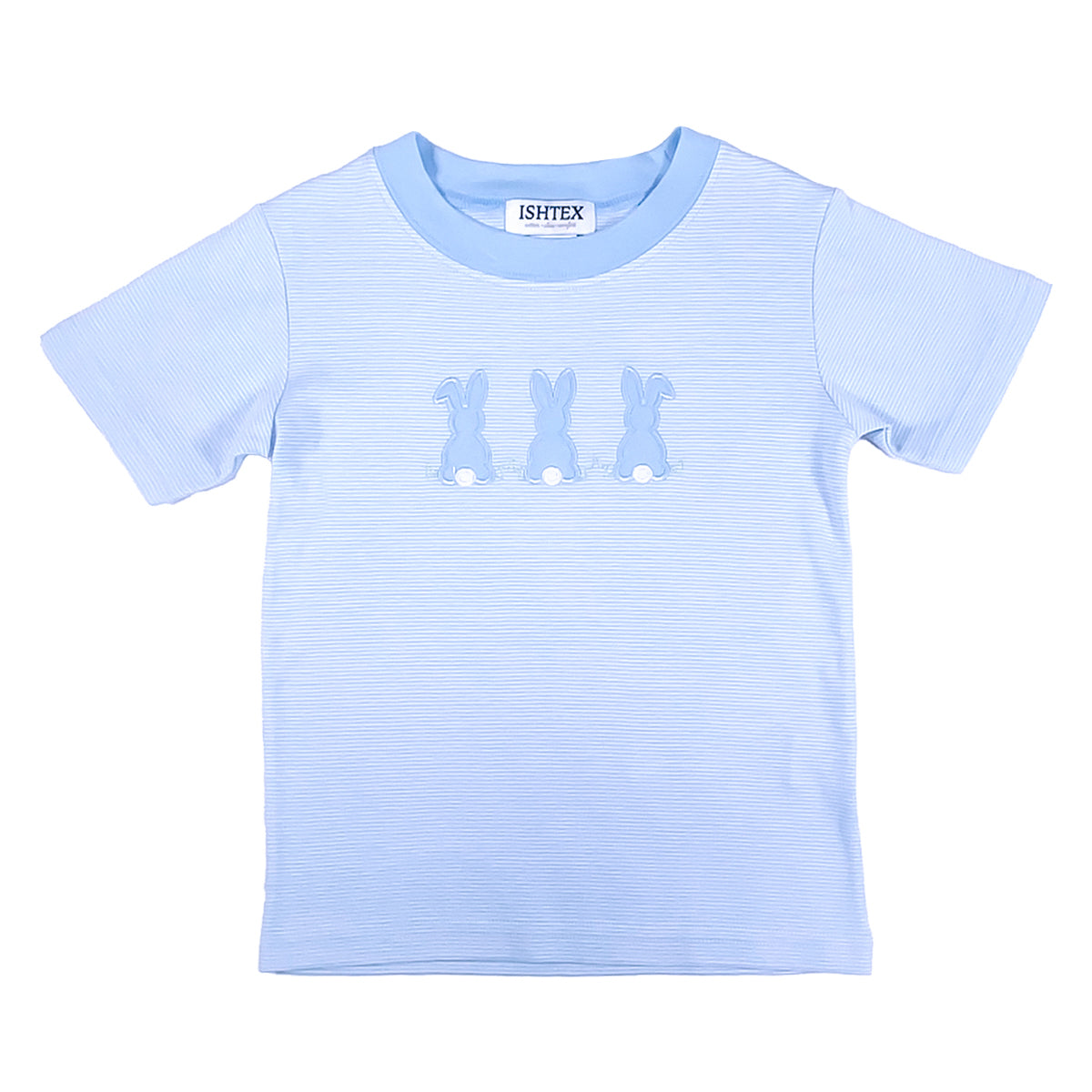 Blue striped toddler boy knit shirt with an appliqued bunnies design
