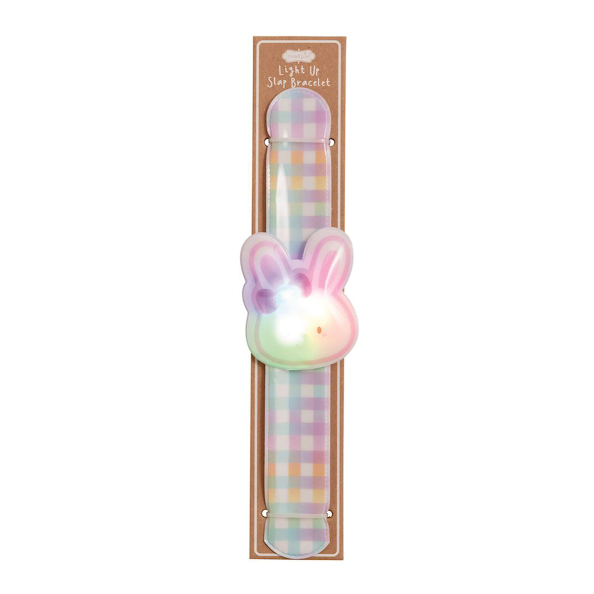 Light-up lavender rabbit-shaped bracelet in with plaid pastel gingham strap