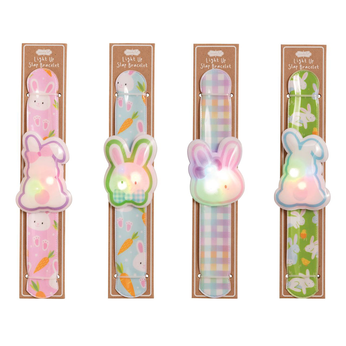 Four light-up slap bracelets with bunny designs in packaging