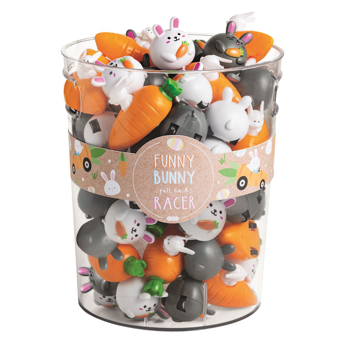 Acrylic bucket of Funny Bunny pull-back racer Easter toys