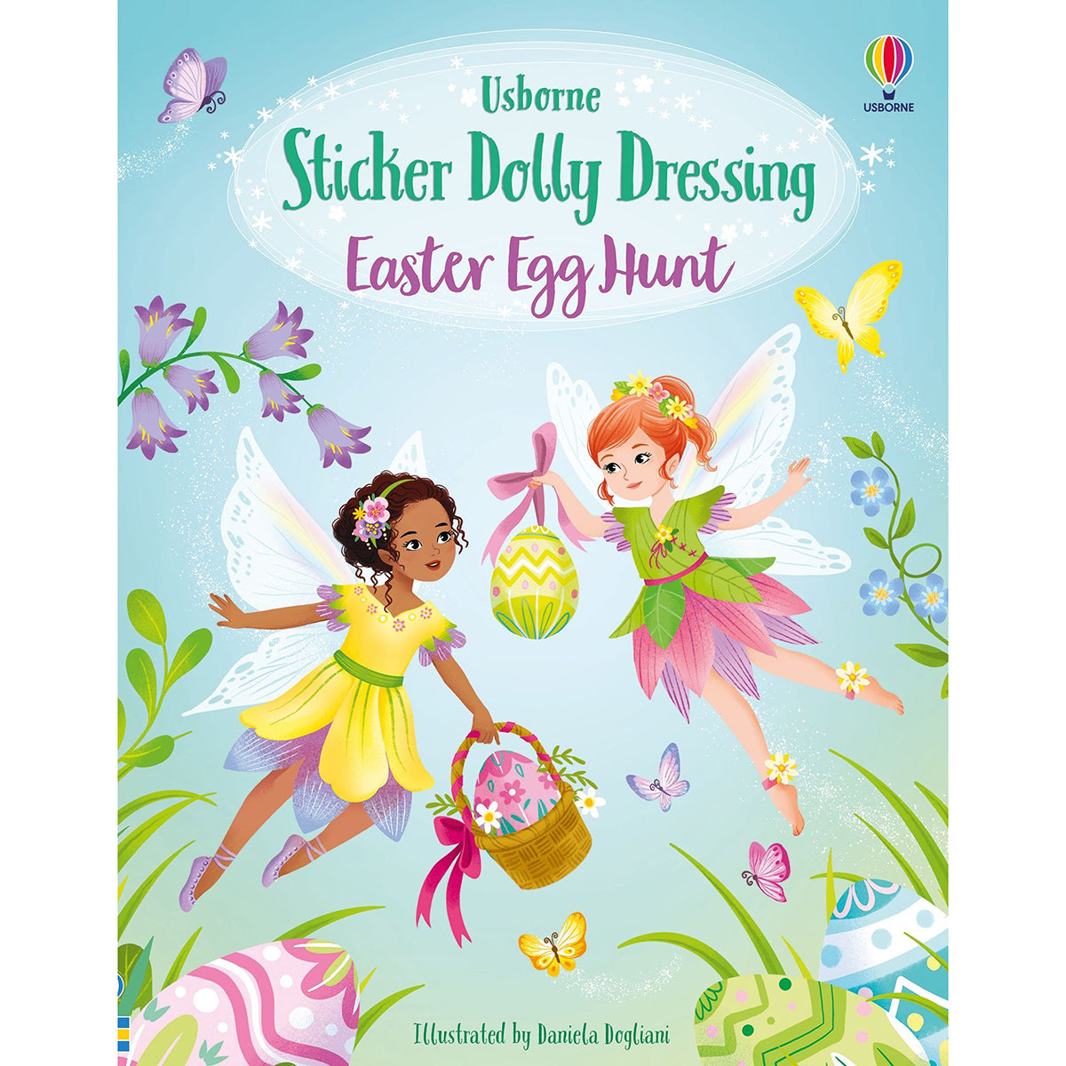 Usborne Sticker Dolly Dressing Easter Egg Hunt book featuring two fairies with an Easter egg and basket.