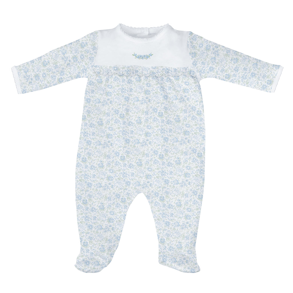 Baby girl Pima cotton long sleeve footed romper with white chest panel embroidered with blue florals.
