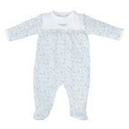Baby girl Pima cotton long sleeve footed romper with white chest panel embroidered with blue florals.