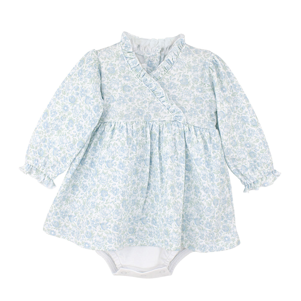Baby girl long sleeve blue floral knit dress with ruffle accents and built-in onesie.