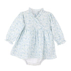 Baby girl long sleeve blue floral knit dress with ruffle accents and built-in onesie.