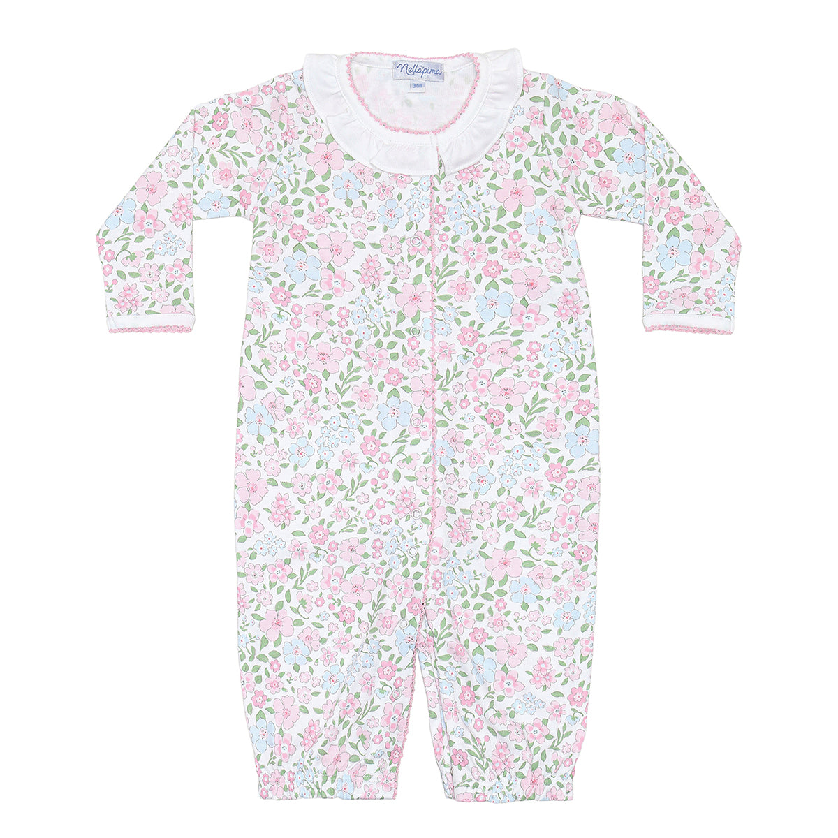 Pastel floral garden print baby girl converter gown with a white ruffle at the neck and pink trim.