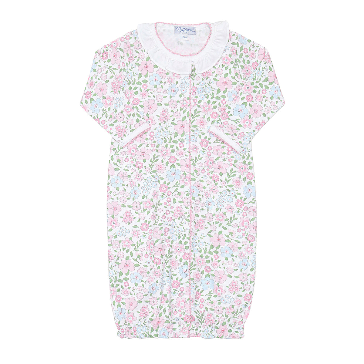 Pastel floral garden print baby girl converter gown with a white ruffle at the neck and pink trim.