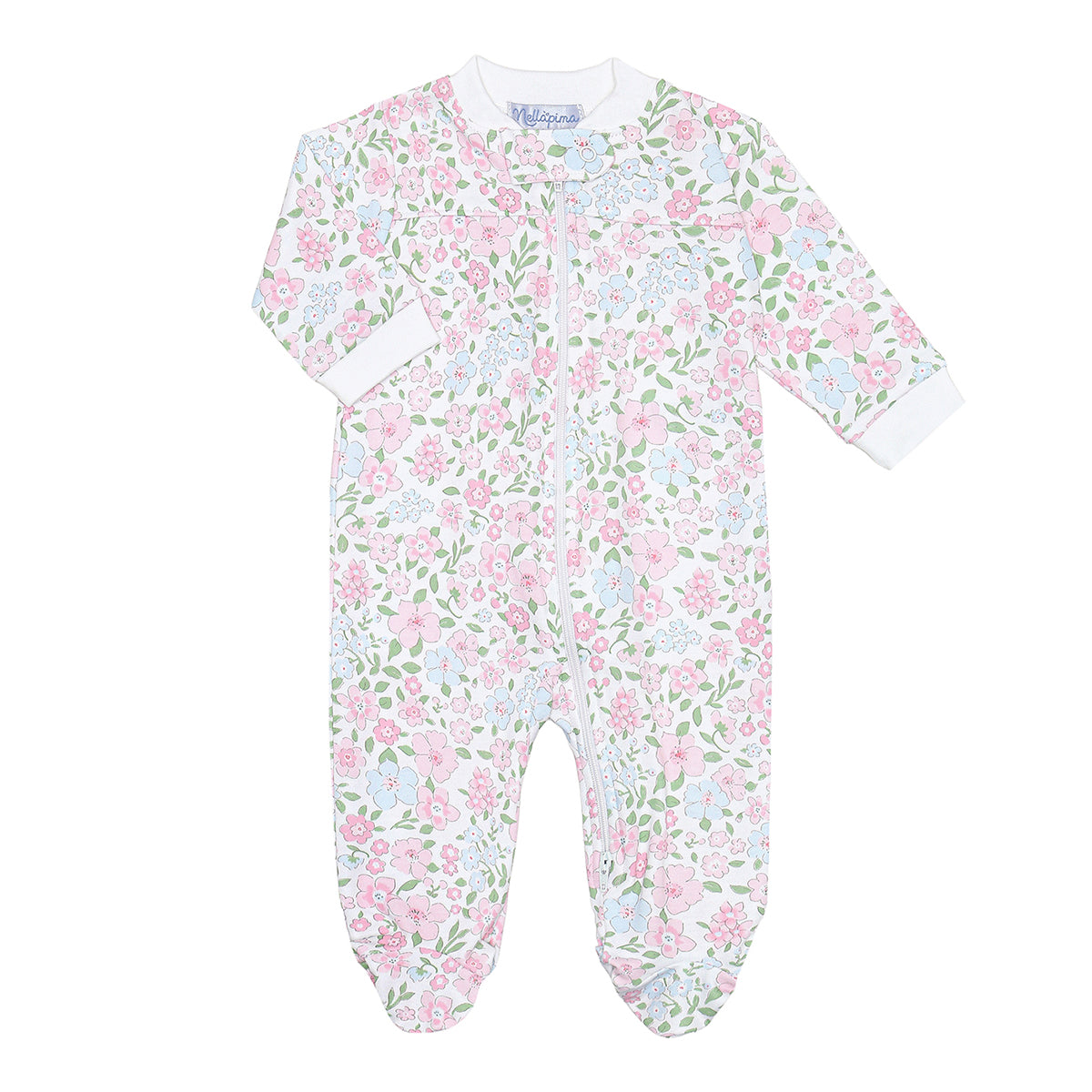 Pastel floral garden print baby girl footie with a zip front and white cuffs.