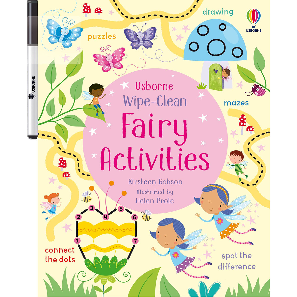 Usborne Wipe-Clean Fairy Activities book cover with colorful illustrations of fairies and activities.