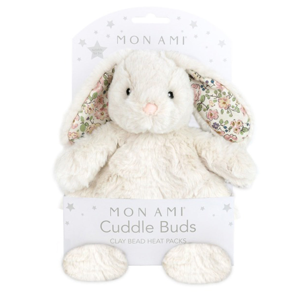 Cream bunny rabbit with liberty floral ears in Mon Ami Cuddle Buds packaging.